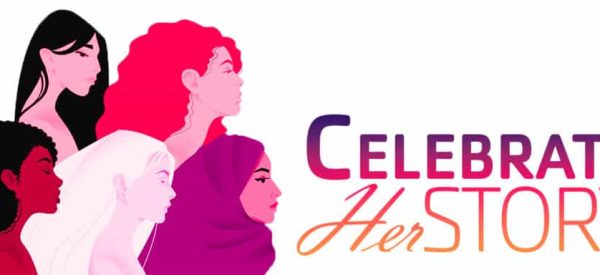 illustration of vibrant colors five women with text celebrate her story